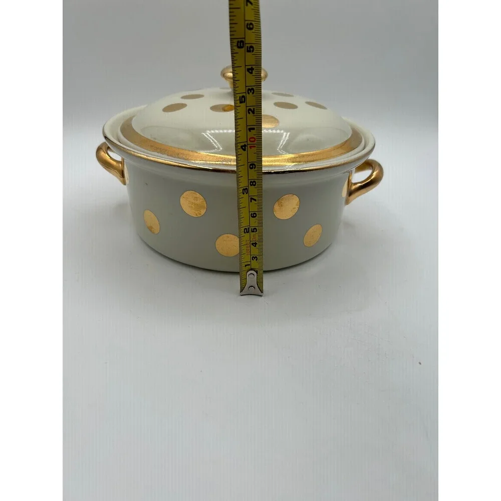 Hall China Casserole Dish Ivory Gold Dot Covered Round Lidded Bowl Vintage